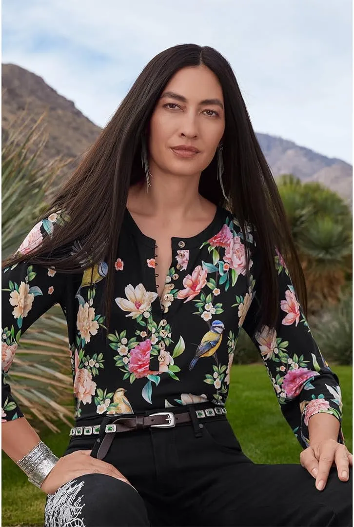 Johnny Was Janie Favorite Button Front Tunic Birdie Black Floral Top Shirt New