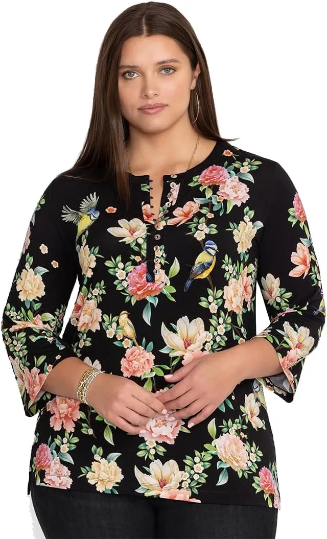 Johnny Was Janie Favorite Button Front Tunic Birdie Black Floral Top Shirt New