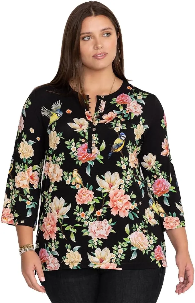 Johnny Was Janie Favorite Button Front Tunic Birdie Black Floral Top Shirt New