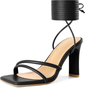 Joseywade Chunky Heels For Women Lace Up Tie Up High Heel 3.5" Heeled Sandals Open Toe Shoes