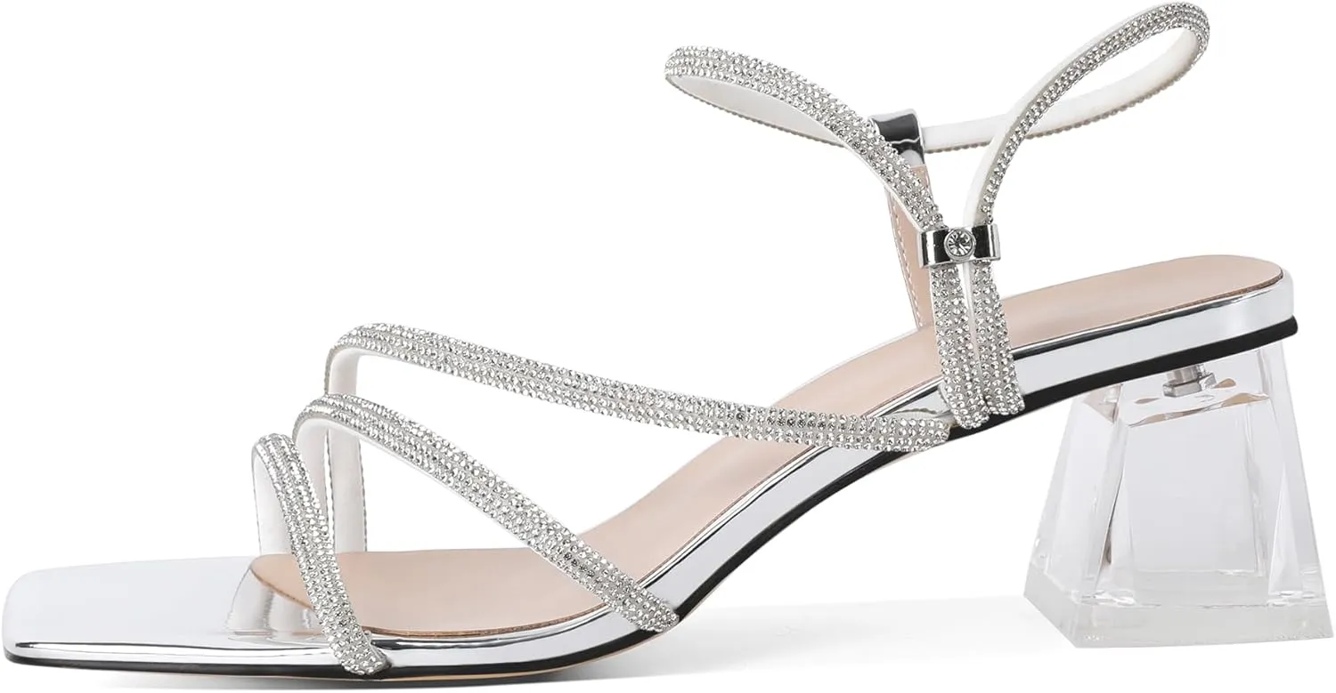 Joseywade Women Clear Heels Rhinestone Strappy Heels Crystal Ankle Strap Open Square Toe Heeled Sandals