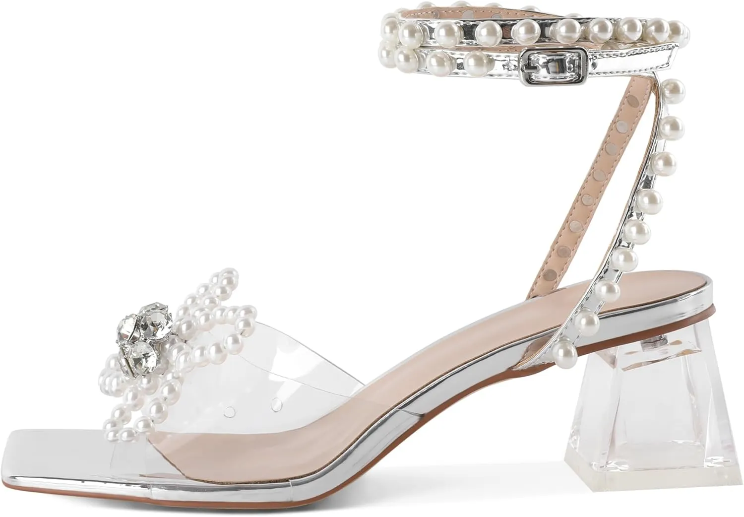 Joseywade Women Clear Heels Rhinestone Strappy Heels Crystal Ankle Strap Open Square Toe Heeled Sandals