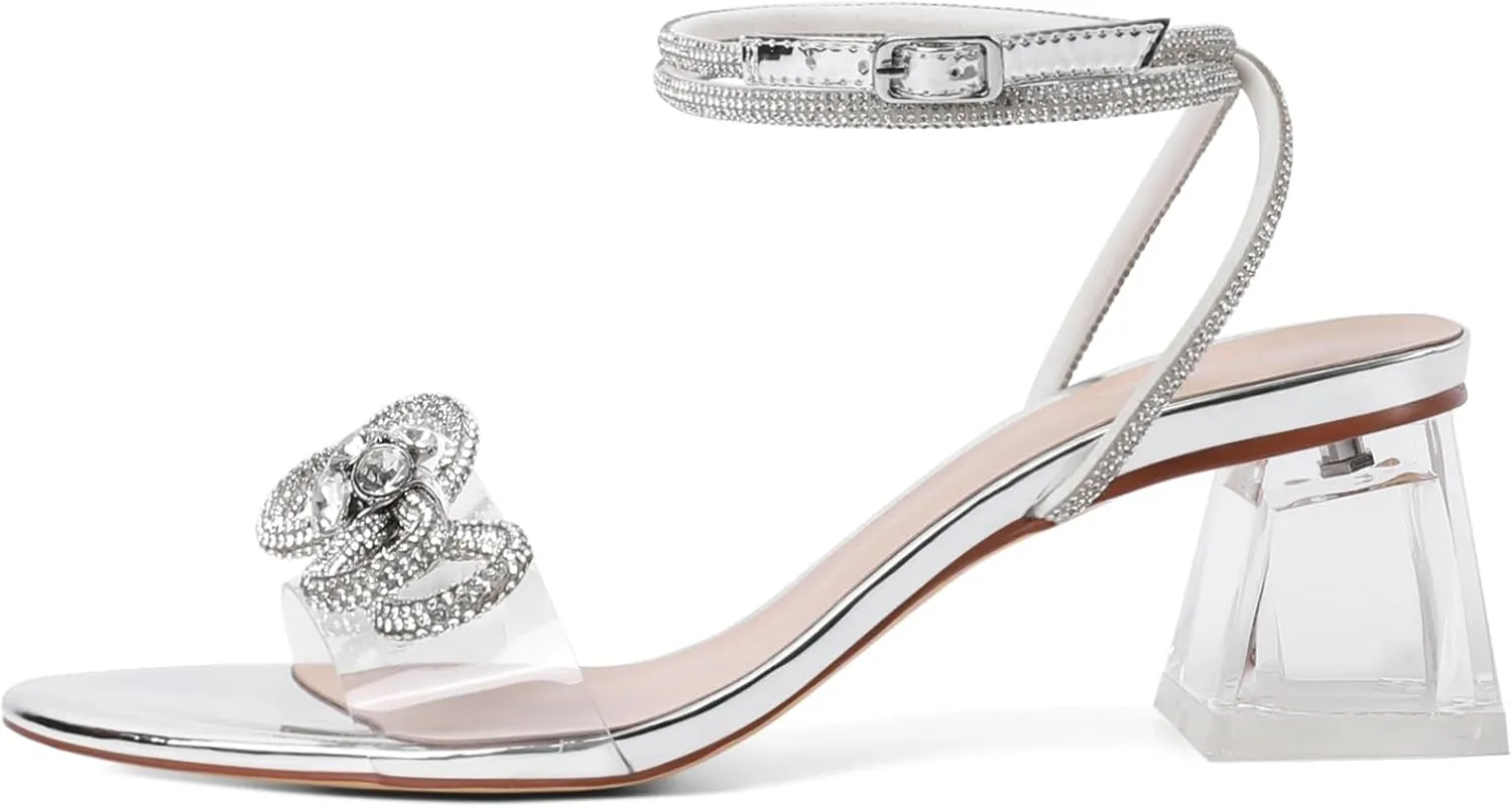 Joseywade Women Clear Heels Rhinestone Strappy Heels Crystal Ankle Strap Open Square Toe Heeled Sandals