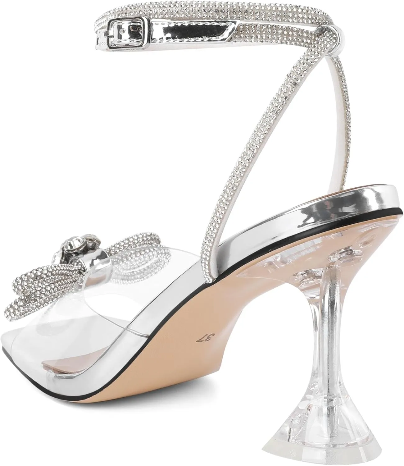 Joseywade Women Clear Heels Rhinestone Strappy Heels Crystal Ankle Strap Open Square Toe Heeled Sandals