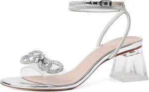 Joseywade Women Clear Heels Rhinestone Strappy Heels Crystal Ankle Strap Open Square Toe Heeled Sandals