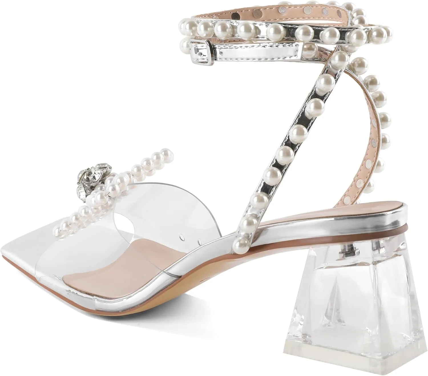 Joseywade Women Clear Heels Rhinestone Strappy Heels Crystal Ankle Strap Open Square Toe Heeled Sandals