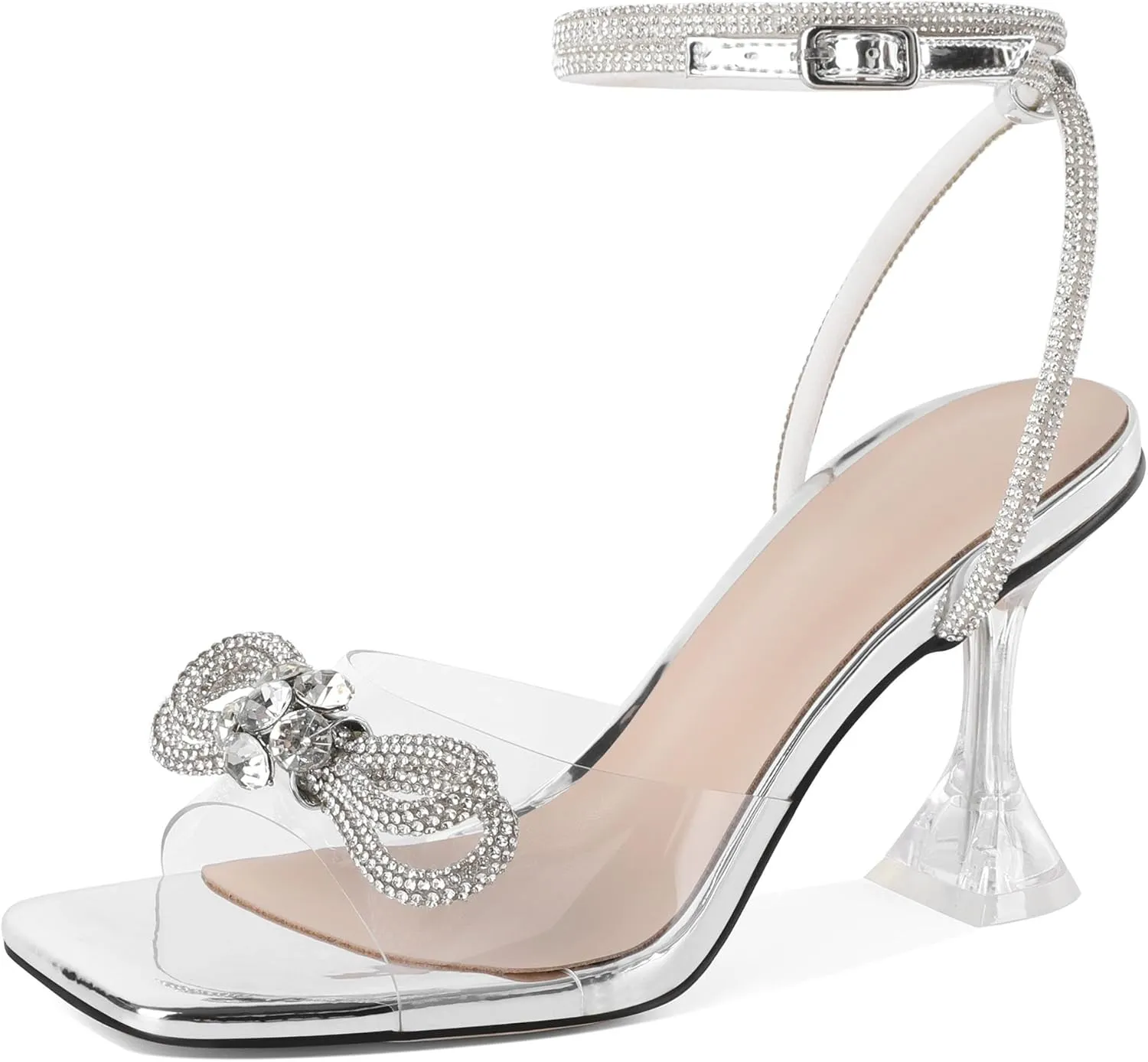 Joseywade Women Clear Heels Rhinestone Strappy Heels Crystal Ankle Strap Open Square Toe Heeled Sandals