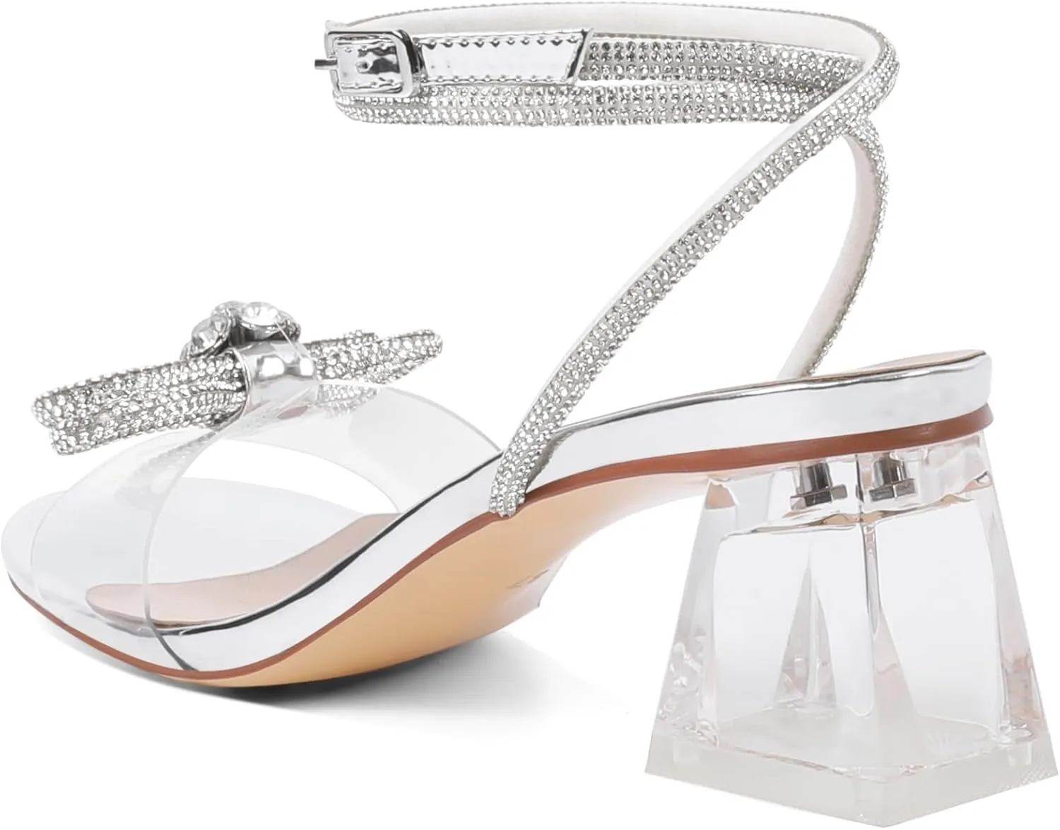 Joseywade Women Clear Heels Rhinestone Strappy Heels Crystal Ankle Strap Open Square Toe Heeled Sandals