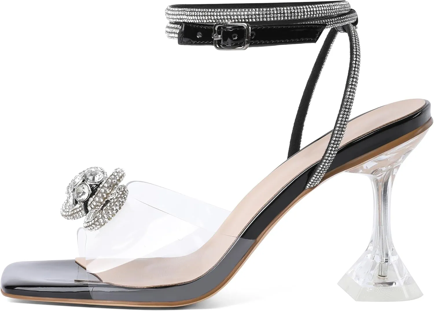 Joseywade Women Clear Heels Rhinestone Strappy Heels Crystal Ankle Strap Open Square Toe Heeled Sandals
