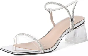 Joseywade Women Clear Heels Rhinestone Strappy Heels Crystal Ankle Strap Open Square Toe Heeled Sandals