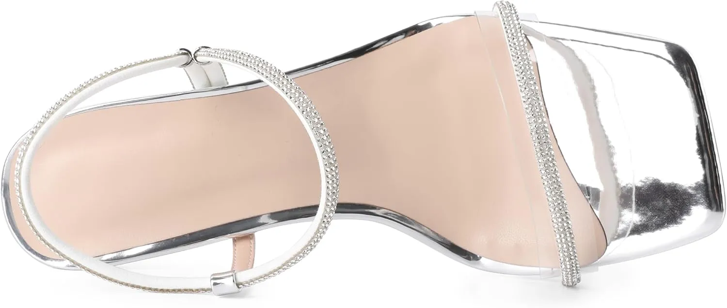 Joseywade Women Clear Heels Rhinestone Strappy Heels Crystal Ankle Strap Open Square Toe Heeled Sandals