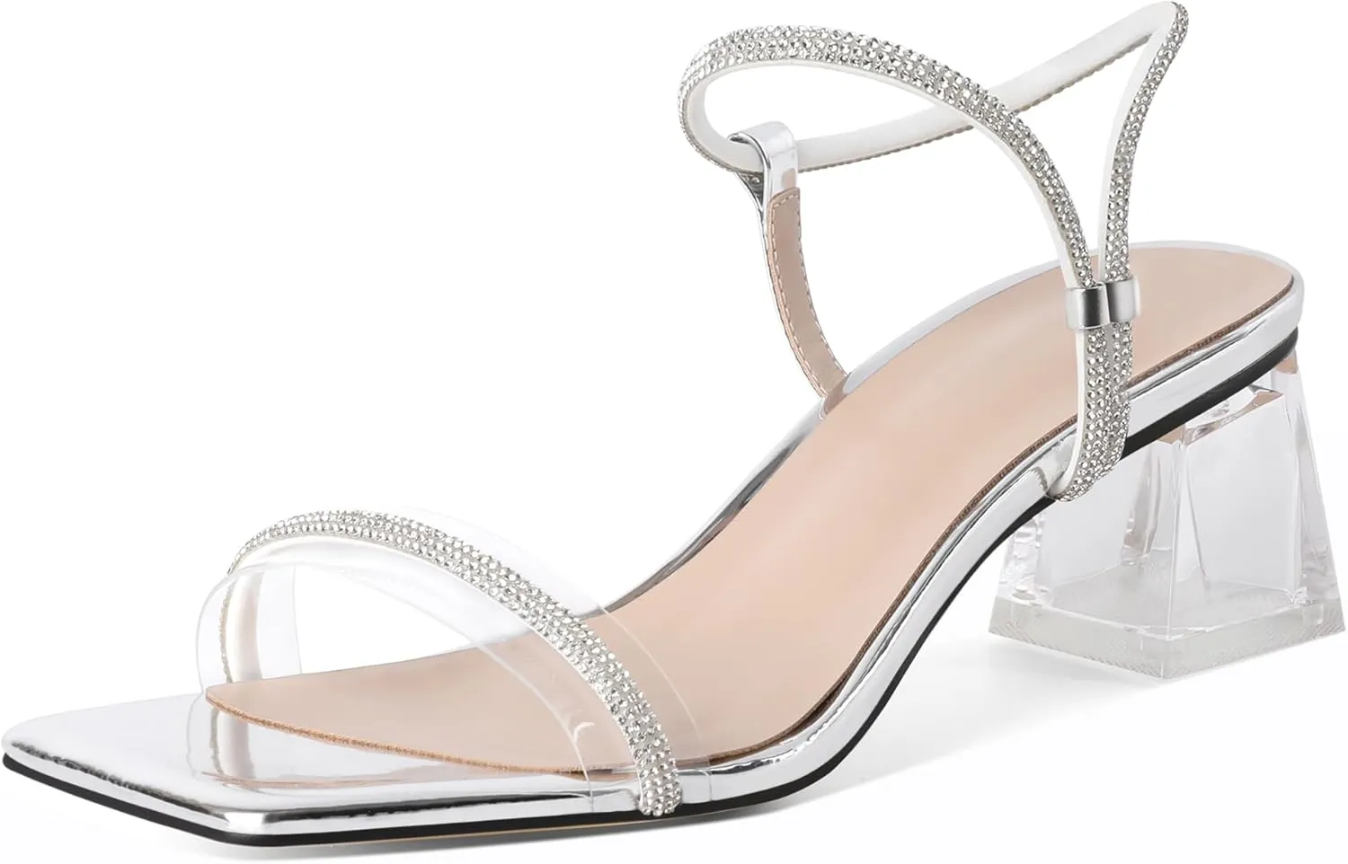 Joseywade Women Clear Heels Rhinestone Strappy Heels Crystal Ankle Strap Open Square Toe Heeled Sandals