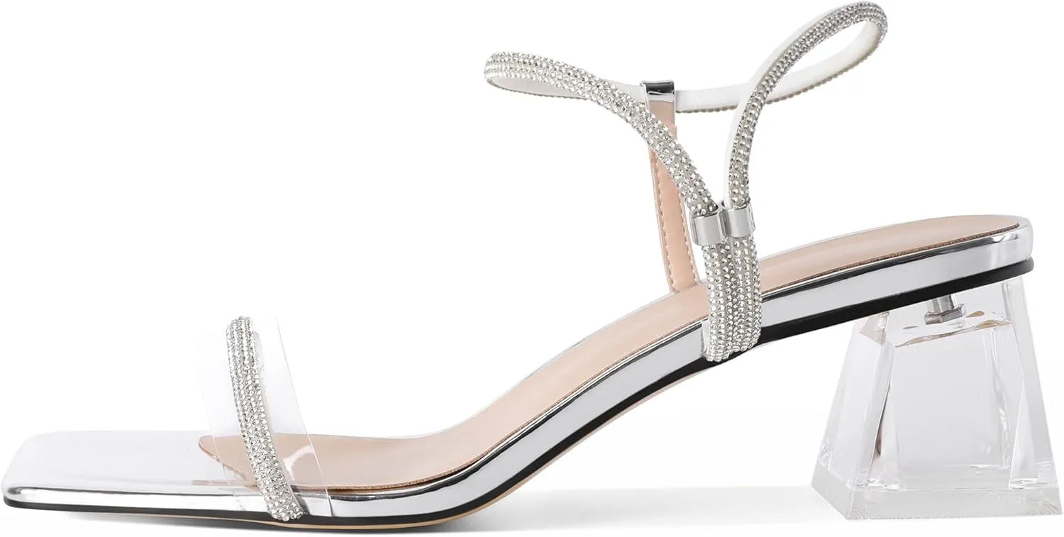 Joseywade Women Clear Heels Rhinestone Strappy Heels Crystal Ankle Strap Open Square Toe Heeled Sandals