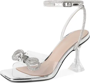 Joseywade Women Clear Heels Rhinestone Strappy Heels Crystal Ankle Strap Open Square Toe Heeled Sandals