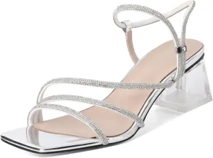 Joseywade Women Clear Heels Rhinestone Strappy Heels Crystal Ankle Strap Open Square Toe Heeled Sandals