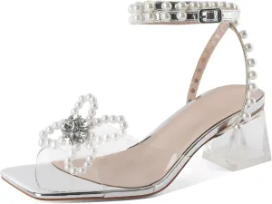 Joseywade Women Clear Heels Rhinestone Strappy Heels Crystal Ankle Strap Open Square Toe Heeled Sandals