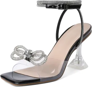 Joseywade Women Clear Heels Rhinestone Strappy Heels Crystal Ankle Strap Open Square Toe Heeled Sandals