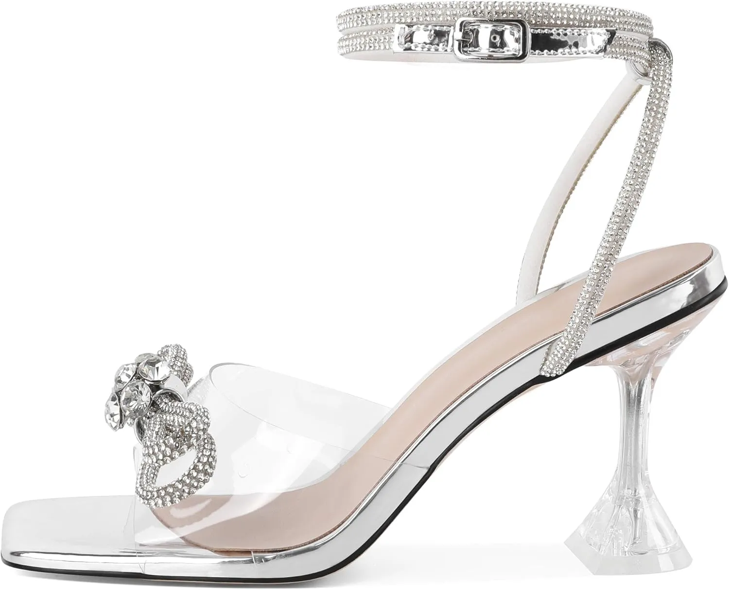 Joseywade Women Clear Heels Rhinestone Strappy Heels Crystal Ankle Strap Open Square Toe Heeled Sandals