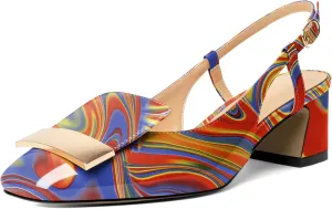 Joseywade Women Slingback Low Block Chunky Heel Pumps Closed Square Toe Dress Shoes 2 Inch Heeled Sandals with Adjustable Strap