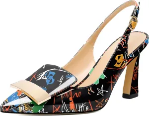 Joseywade Women Slingback Pumps High Stiletto Heel 3.5 Inch Heeled Sandals Closed Pointed Toe Flare Heel Dress Shoes