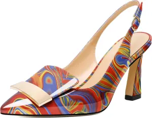 Joseywade Women Slingback Pumps High Stiletto Heel 3.5 Inch Heeled Sandals Closed Pointed Toe Flare Heel Dress Shoes