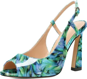 Joseywade Women Slingback Stiletto High Heel Pumps 4'' Heeled Sandals Peep Toe Flare Heel Dress Shoes