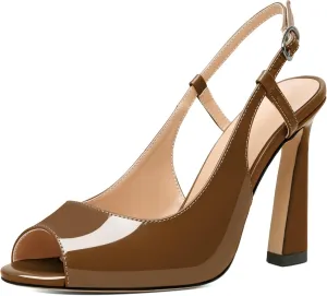 Joseywade Women Slingback Stiletto High Heel Pumps 4'' Heeled Sandals Peep Toe Flare Heel Dress Shoes