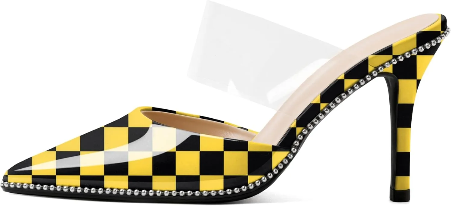 Joseywade Women's Heeled Mules Beaded Sandals Stilettos Heels Pointed Closed Toe Clear PVC Ankle Strap Patent Fashion Dress Shoes