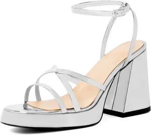 Joseywade Women's Platform Chunky Block High Heels Strappy Ankle Strap Heeled Sandals 4 Inch Open Toe Dress Shoes