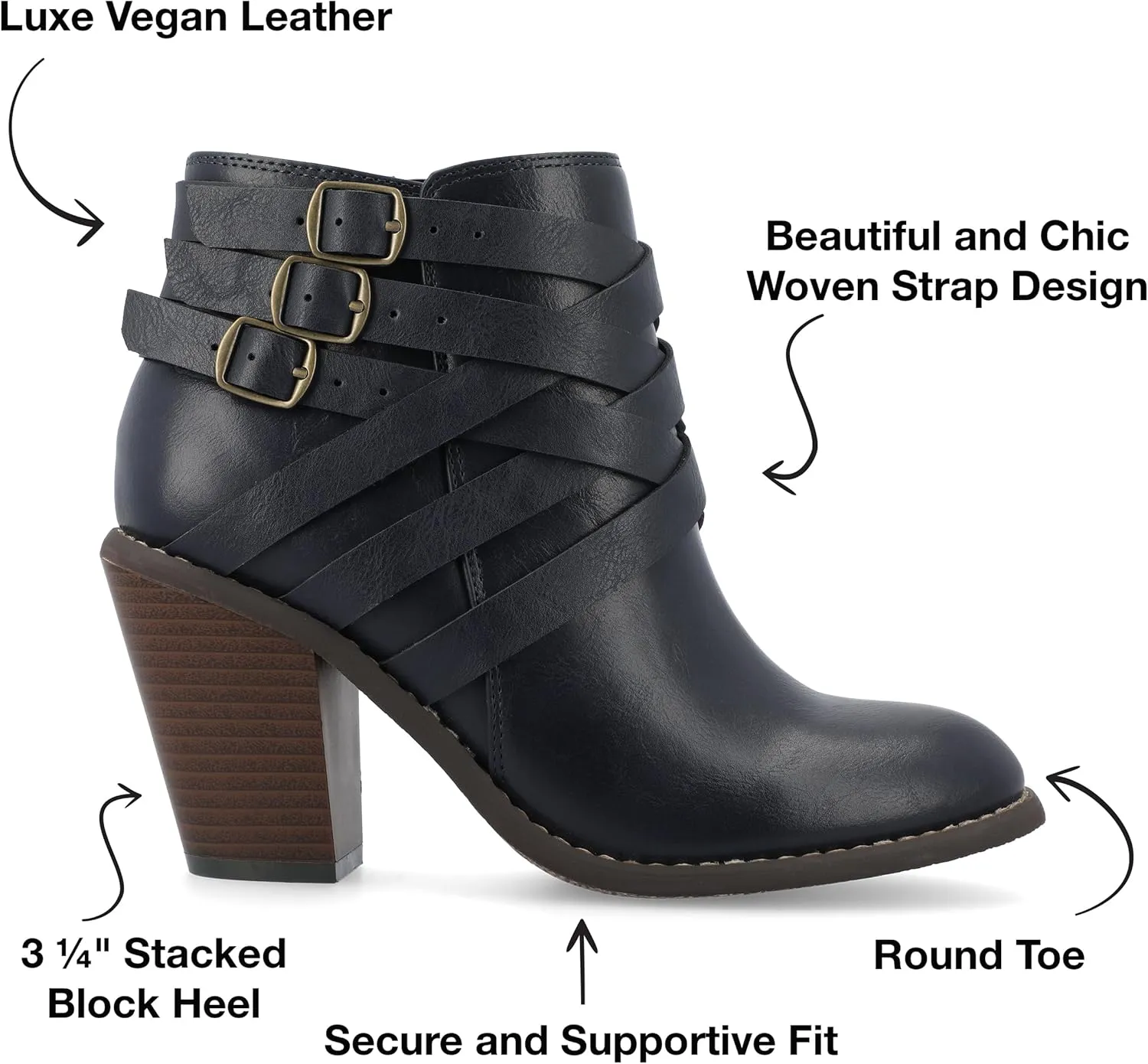 Journee Womens Strap Wide Width Inside Zip Stacked Heel Booties
