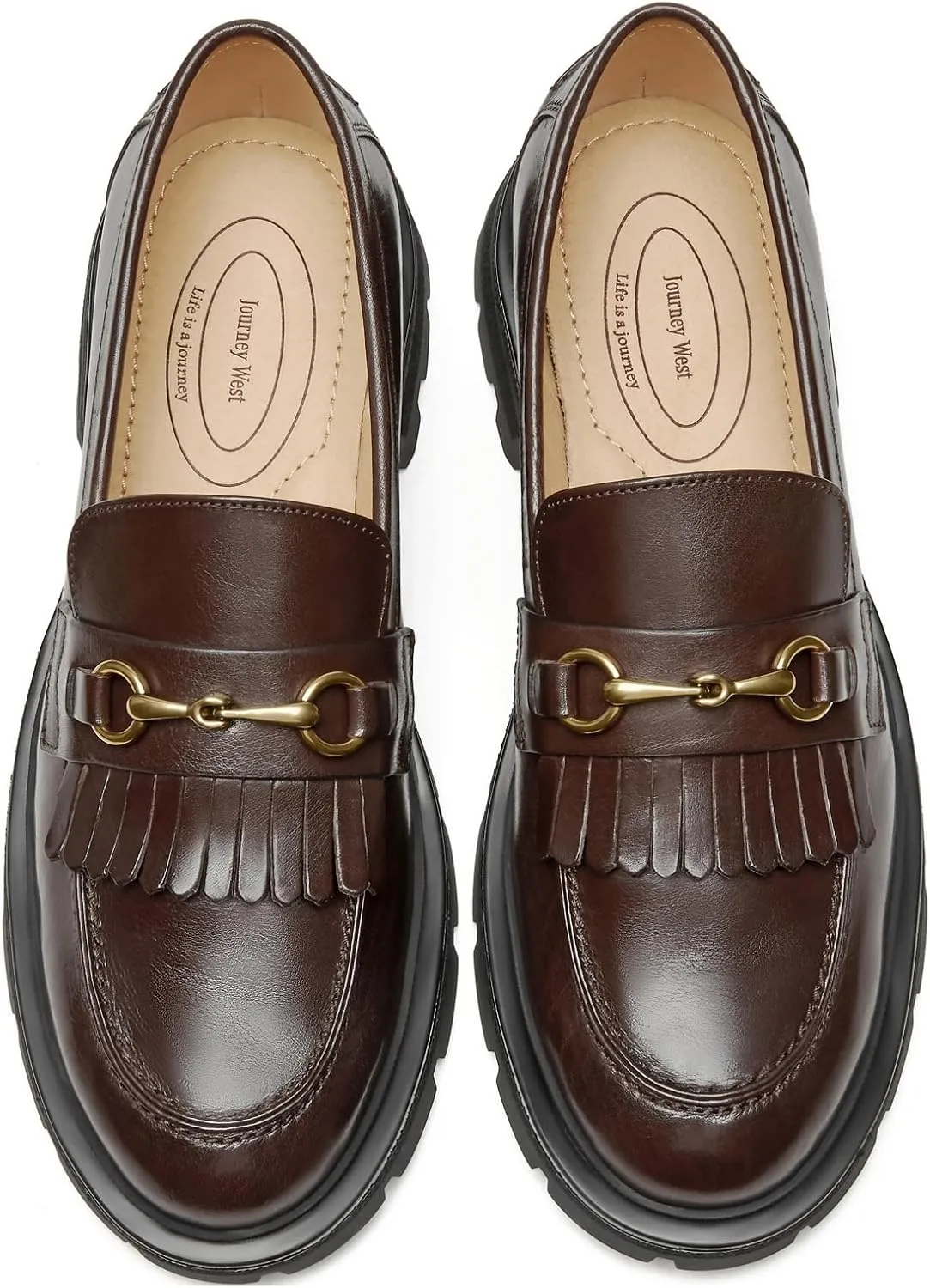 Journey West Genuine Leather Slip on Dress Shoes for Women Tassel Chunky Loafers for Women