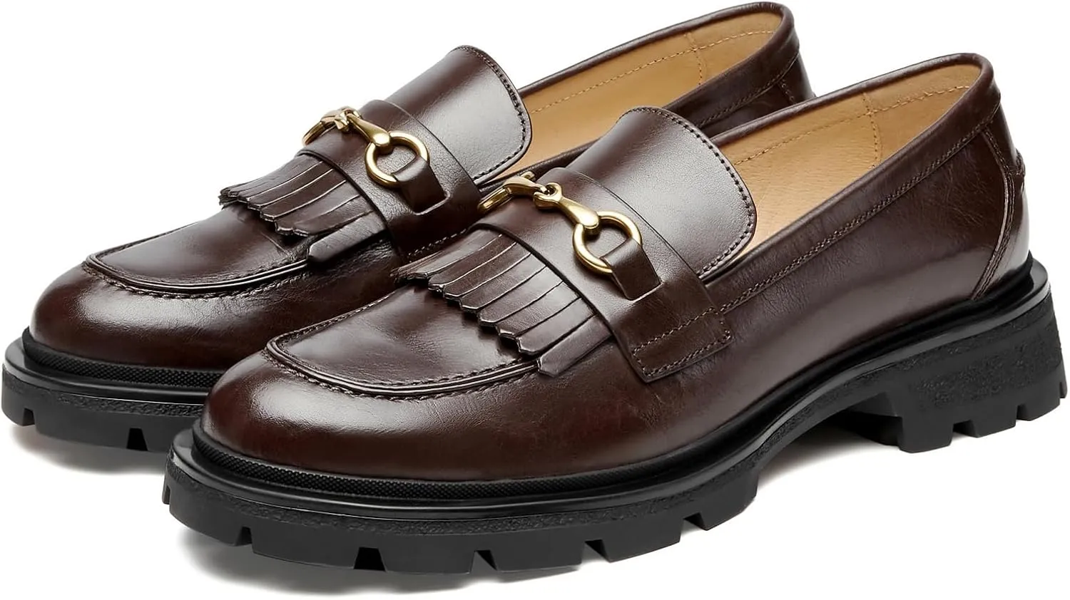 Journey West Genuine Leather Slip on Dress Shoes for Women Tassel Chunky Loafers for Women