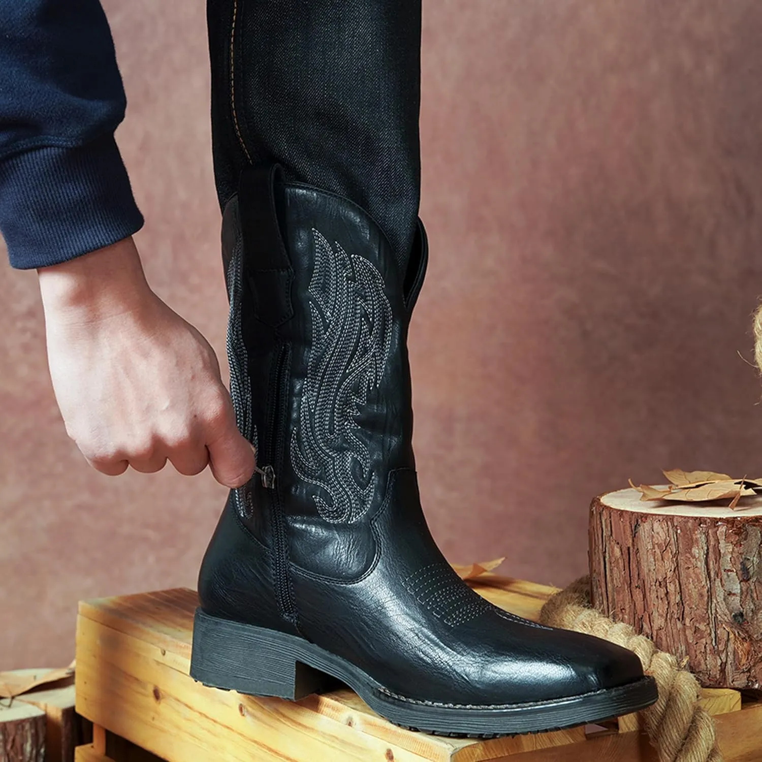 Jousen Cowboy Boots for Men Embroidery Men's Western Boots Retro Square Toe Mens Boots Botas Vaqueras Para Hombre
