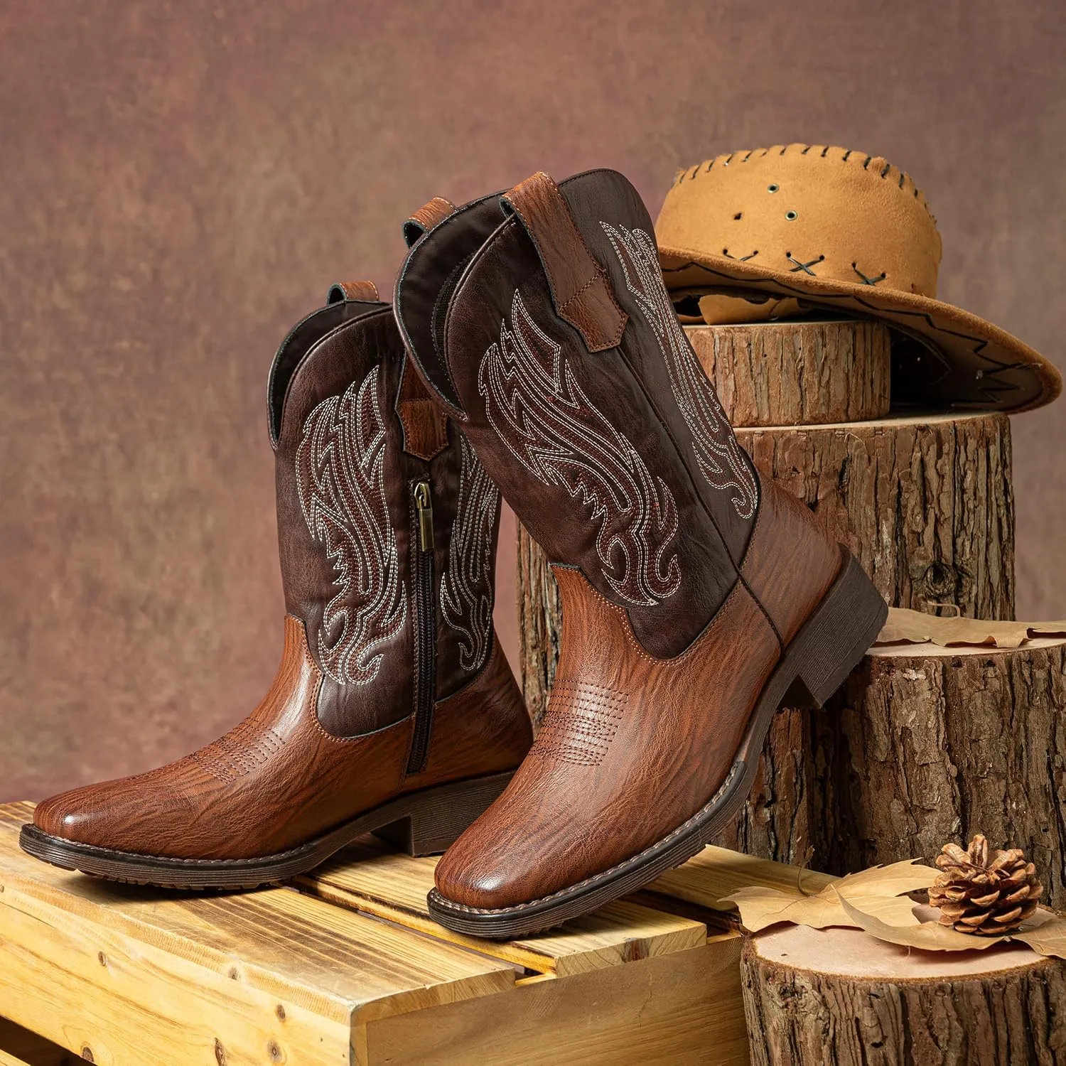 Jousen Cowboy Boots for Men Embroidery Men's Western Boots Retro Square Toe Mens Boots Botas Vaqueras Para Hombre