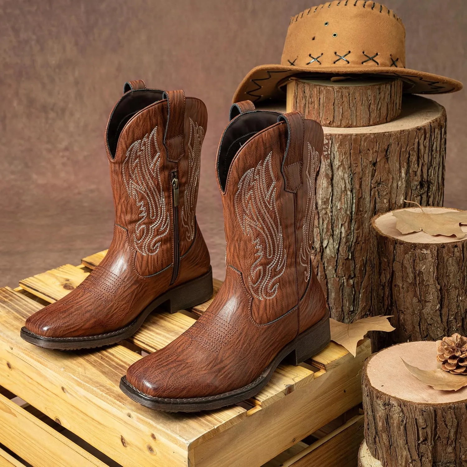 Jousen Cowboy Boots for Men Embroidery Men's Western Boots Retro Square Toe Mens Boots Botas Vaqueras Para Hombre
