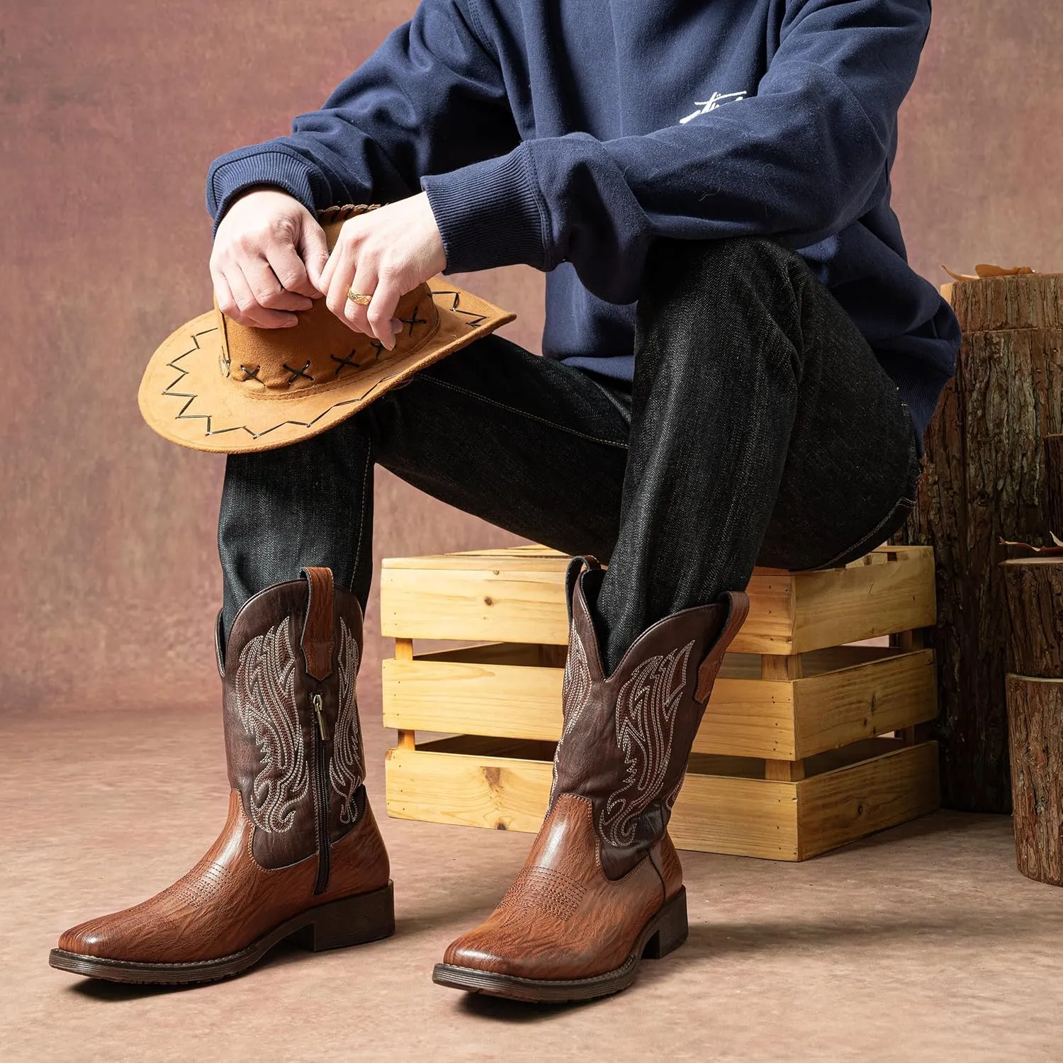 Jousen Cowboy Boots for Men Embroidery Men's Western Boots Retro Square Toe Mens Boots Botas Vaqueras Para Hombre