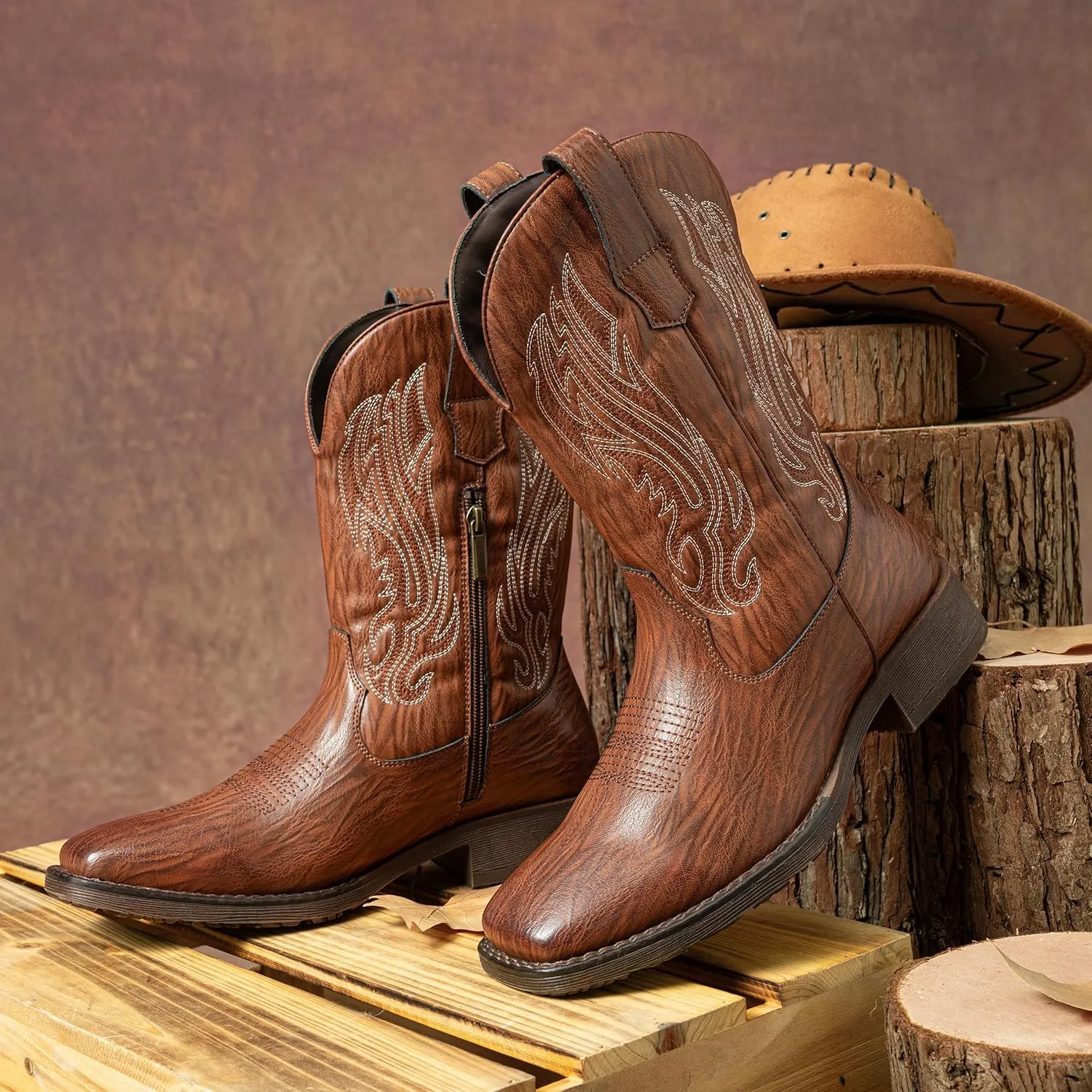 Jousen Cowboy Boots for Men Embroidery Men's Western Boots Retro Square Toe Mens Boots Botas Vaqueras Para Hombre