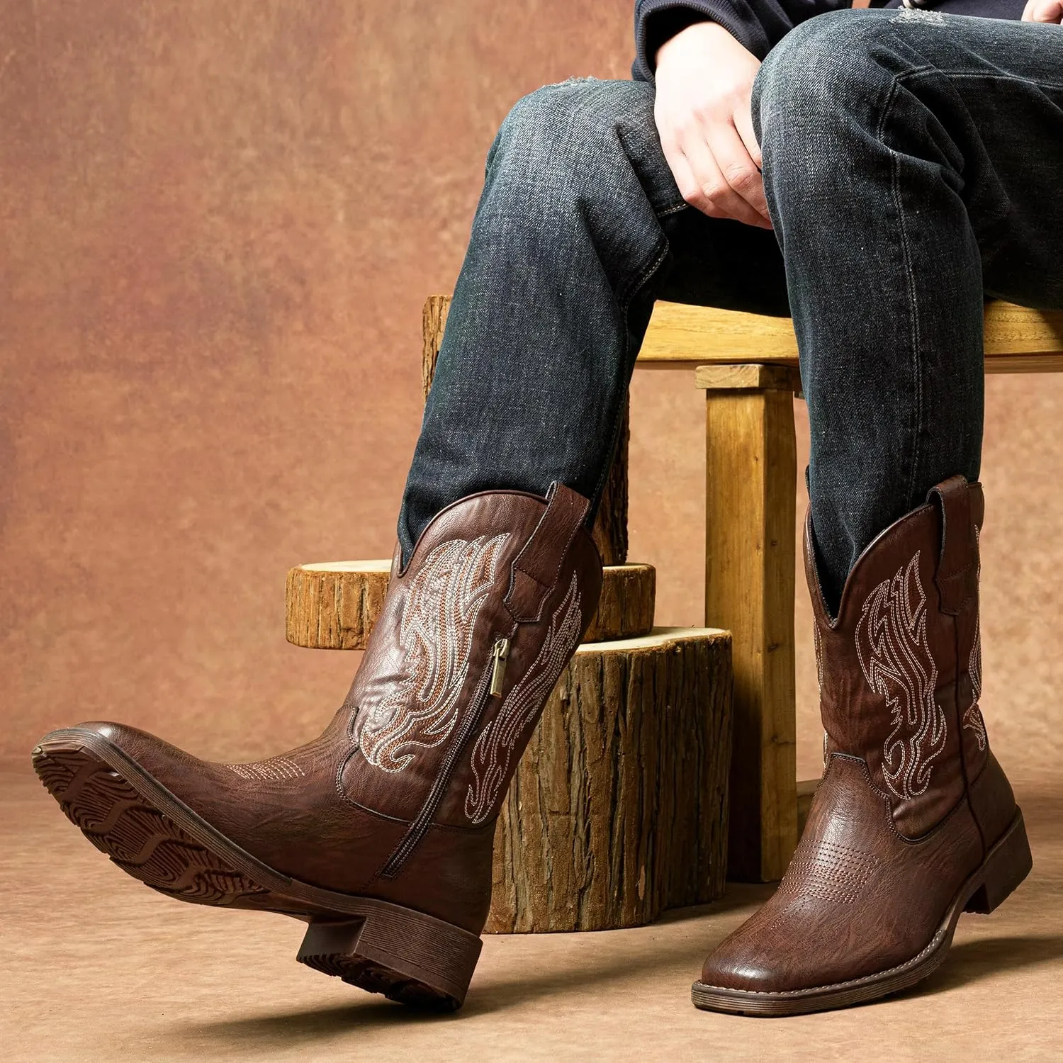 Jousen Cowboy Boots for Men Embroidery Men's Western Boots Retro Square Toe Mens Boots Botas Vaqueras Para Hombre