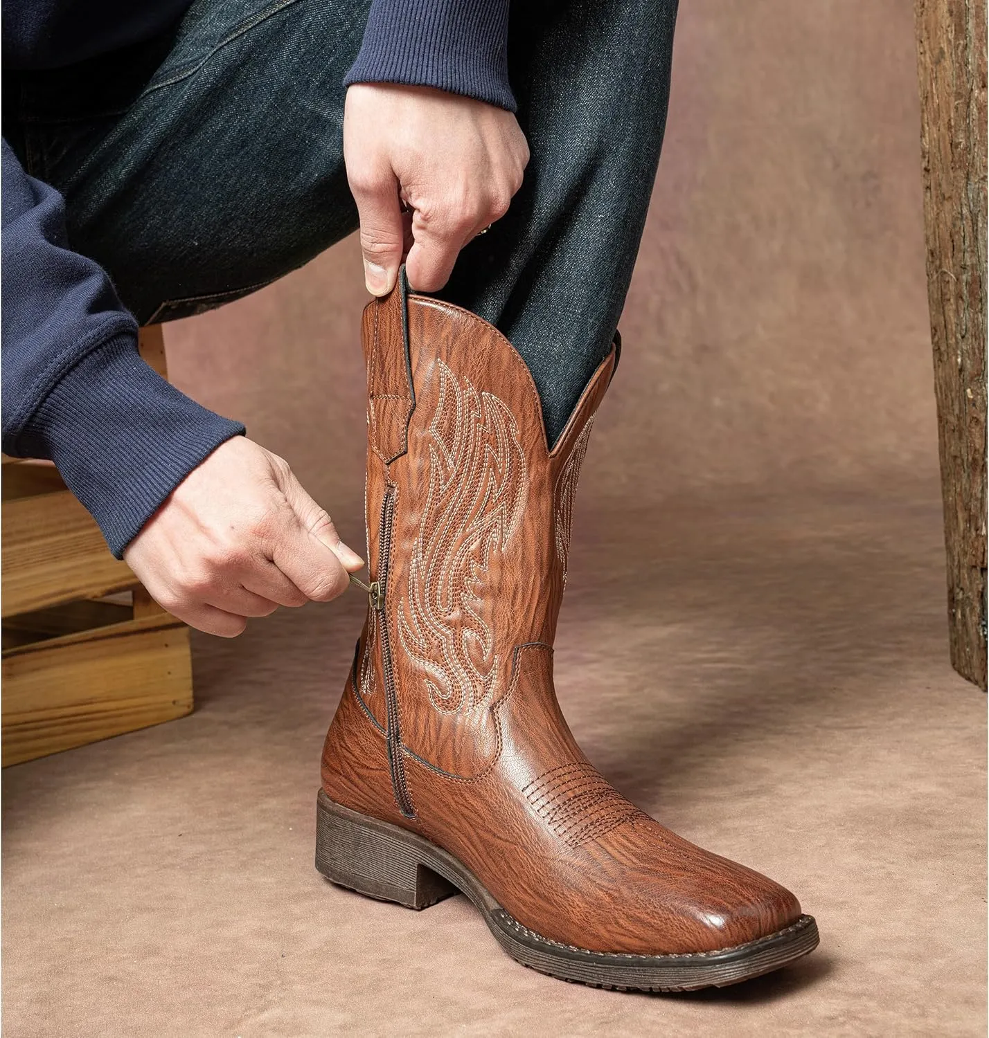 Jousen Cowboy Boots for Men Embroidery Men's Western Boots Retro Square Toe Mens Boots Botas Vaqueras Para Hombre
