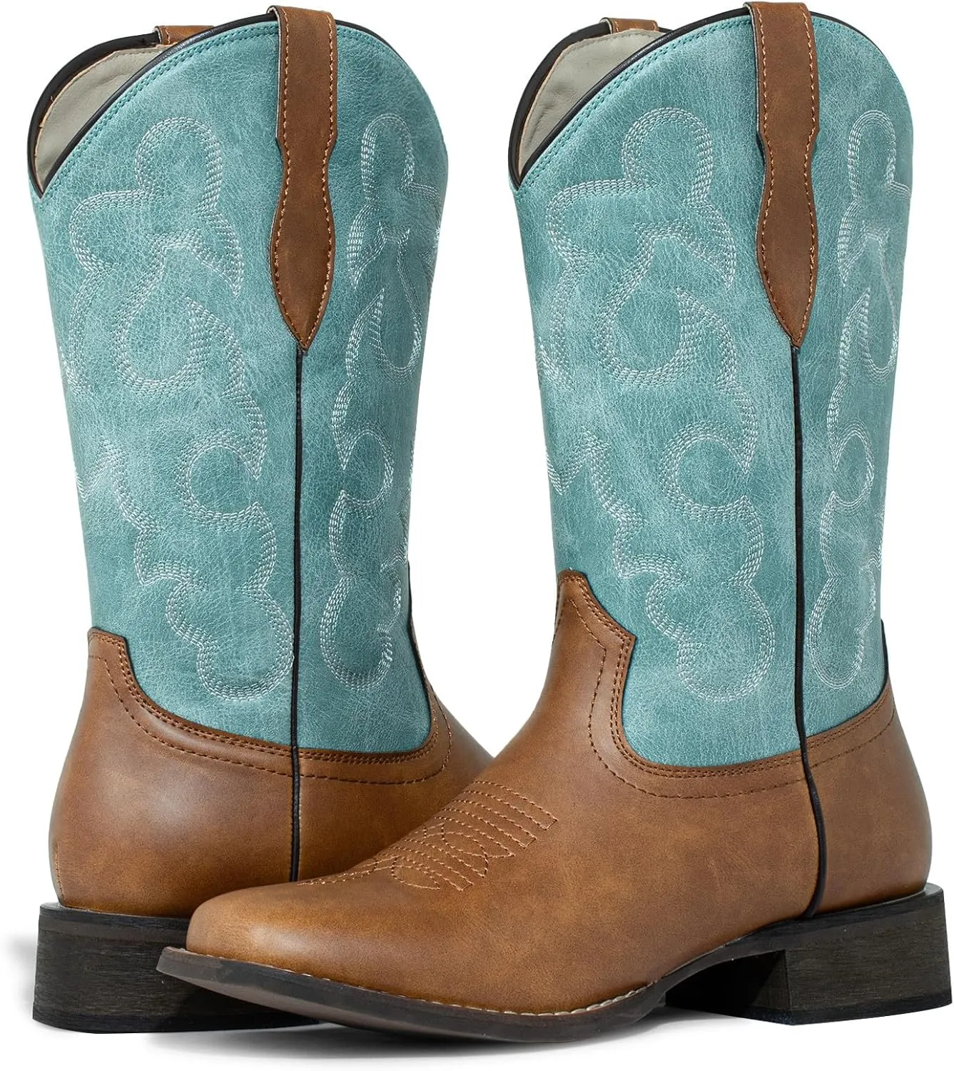 J's.o.l.e Square Toe Cowboy Boots for Women Cowgirl Fashion Two-toned Western Boots Mid Calf Brown