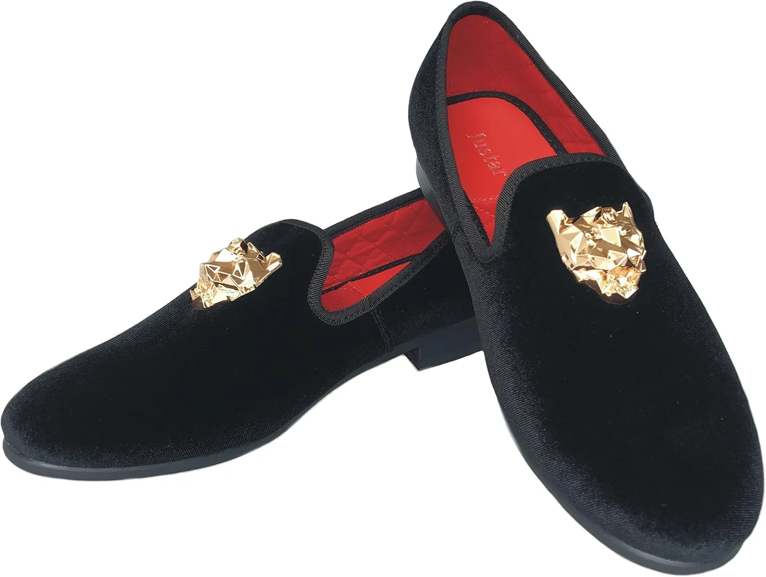 Justar Men's Velvet Loafers Slip-on Dress Shoes with Gold Buckle Penny Loafer Red Slippers Flats