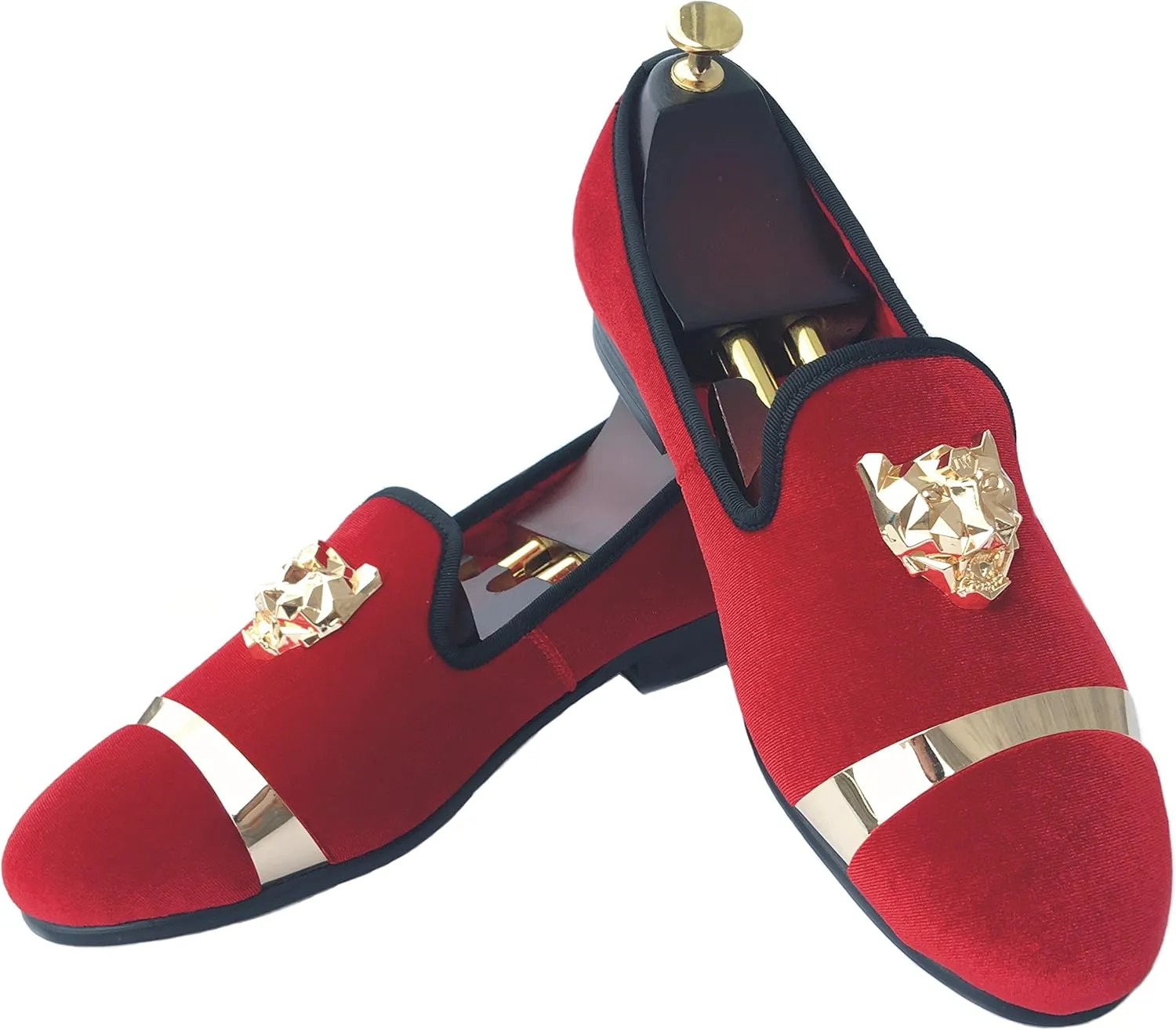 Justar Men's Velvet Loafers Slip-on Dress Shoes with Gold Buckle Penny Loafer Red Slippers Flats