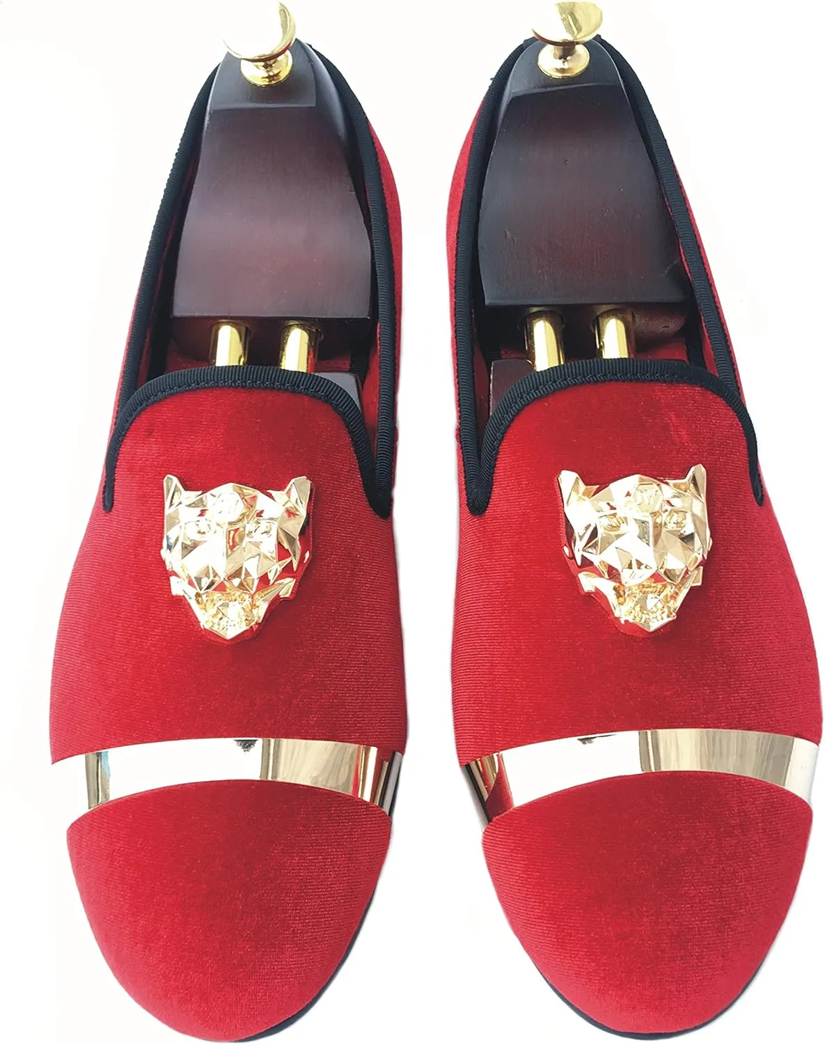 Justar Men's Velvet Loafers Slip-on Dress Shoes with Gold Buckle Penny Loafer Red Slippers Flats