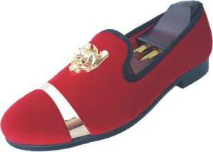Justar Men's Velvet Loafers Slip-on Dress Shoes with Gold Buckle Penny Loafer Red Slippers Flats