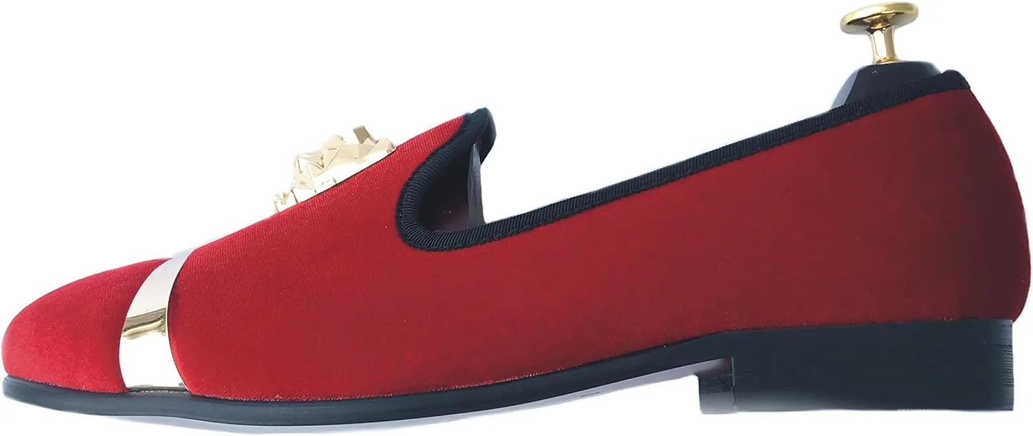 Justar Men's Velvet Loafers Slip-on Dress Shoes with Gold Buckle Penny Loafer Red Slippers Flats