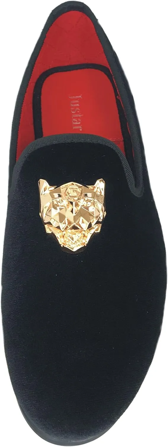 Justar Men's Velvet Loafers Slip-on Dress Shoes with Gold Buckle Penny Loafer Red Slippers Flats