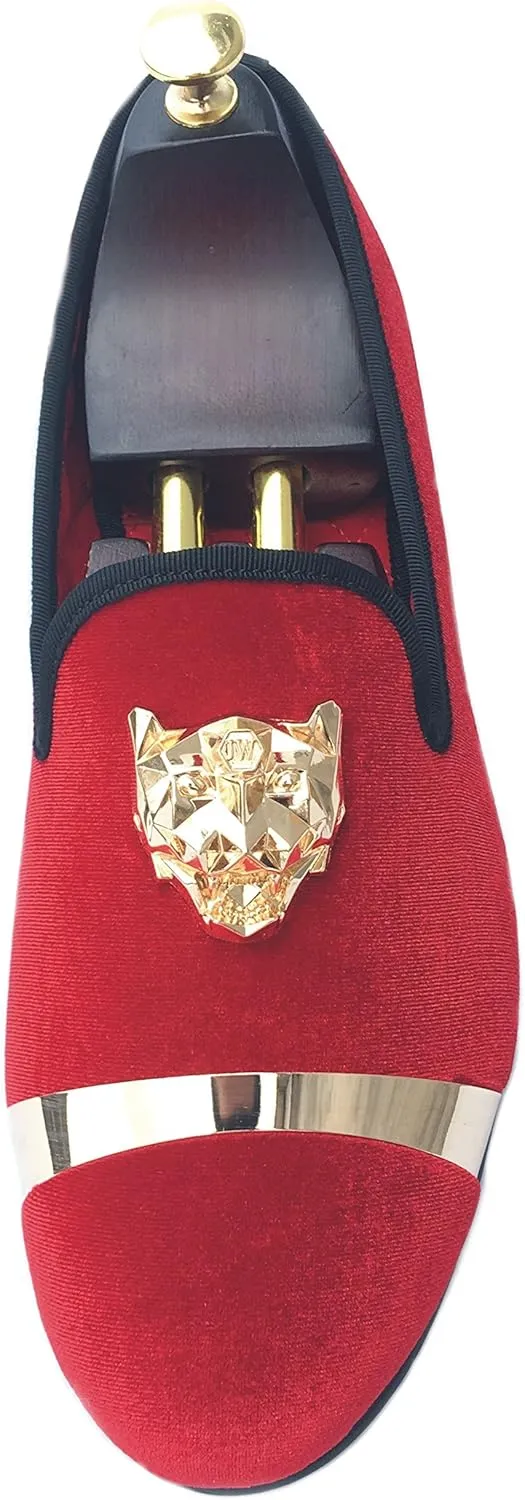 Justar Men's Velvet Loafers Slip-on Dress Shoes with Gold Buckle Penny Loafer Red Slippers Flats