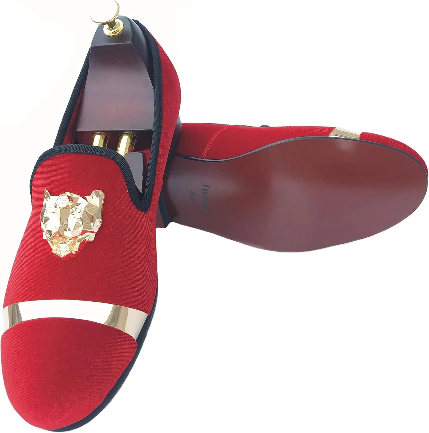 Justar Men's Velvet Loafers Slip-on Dress Shoes with Gold Buckle Penny Loafer Red Slippers Flats