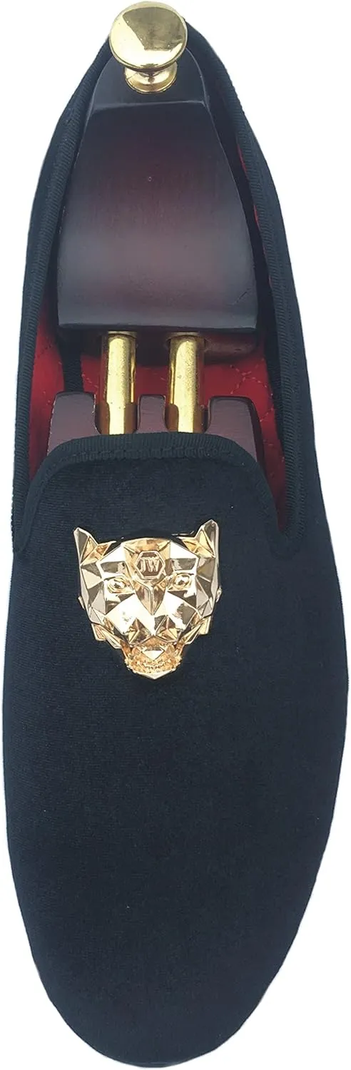 Justar Men's Velvet Loafers Slip-on Dress Shoes with Gold Buckle Penny Loafer Red Slippers Flats