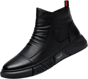 Keilinia Men Black Italian High-top Casual Leather Boots,2022 Fall New Round Toe Waterproof Non-slip Shock-absorbing Booties
